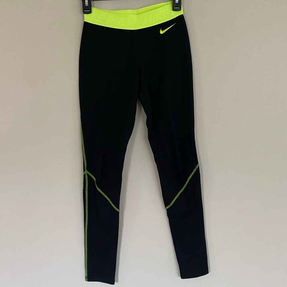 Nike Pro Leggings | Black and Neon Yellow | XS